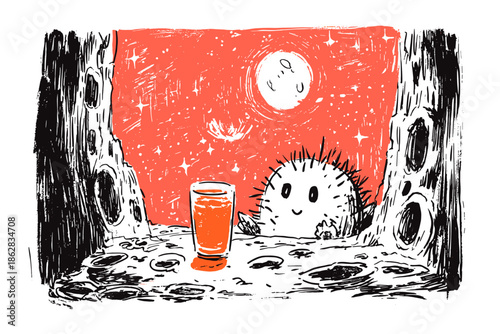 Cactus Character Enjoying a Drink at Sunset