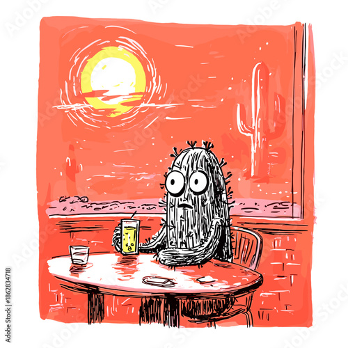 Cactus Character Enjoying a Drink at Sunset