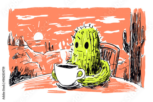 Cactus Character Enjoying a Drink at Sunset