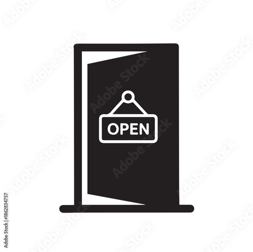 Open door store entrance icon with sign silhouette vector illustration for business shop accessibility and welcoming concept