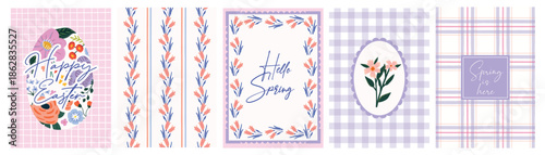 Soft pastel spring and Easter floral poster set featuring tulip stripe patterns, gingham checks, quotes, and greetings. Ideal for cards, prints, kids’ decor, spring celebrations, Easter invites.
