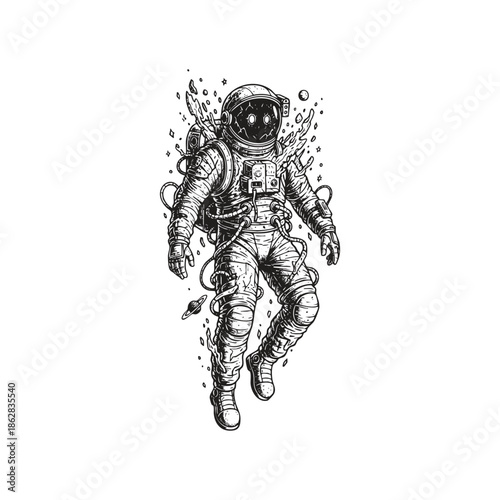 Grim dark fantasy engraving of a decaying astronaut drifting in deep space, featuring a cracked helmet, exposed mechanical wires, and floating cosmic debris