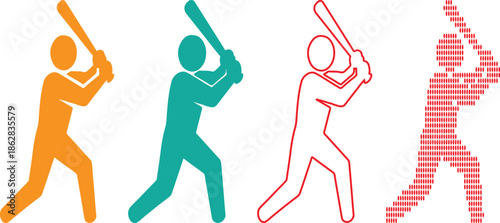 Baseball players with bat in different poses and colors