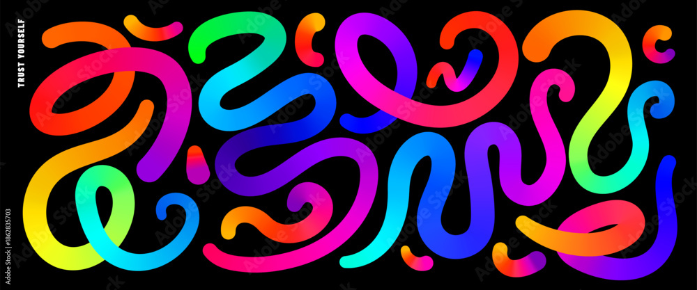 Fototapeta premium Color lines vector background set. Abstract colorful liquid gradient lines on black backdrop. Modern art pattern, energy, vibrant design, party, and inspiration