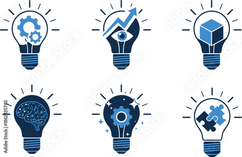 Creative idea light bulb icon set, innovation thinking symbols, business solution concept, technology startup inspiration, modern flat vector illustration