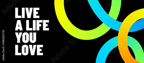 Color lines vector banner background. Abstract design with colorful liquid gradient lines and motivational fun typography on black backdrop. Modern art pattern, energy, vibrant party and inspiration