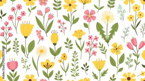 A beautiful seamless floral pattern with a variety of colorful hand-drawn spring and summer wildflowers on a clean white background.