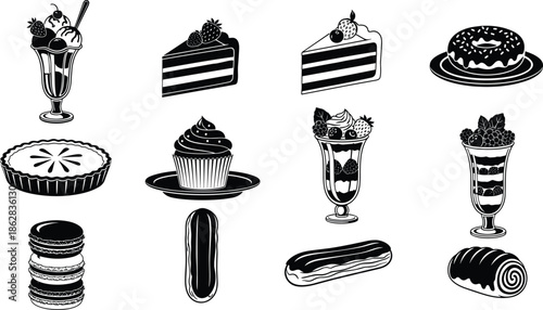 Dessert And Bakery Silhouette Collection Featuring Cakes Ice Cream Cupcakes Donuts Pastries And Sweet Treats Black Vector Set