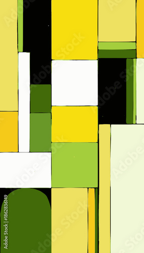 Geometric Abstract Composition Featuring Rectangles in Vibrant Yellow, White, Green, and Black Harmonizing in a Structured Pattern