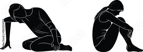 Depressed woman silhouette illustration, emotional stress loneliness concept, sad female body posture, mental health awareness, black vector design