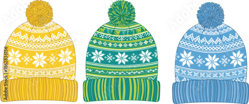 Colorful winter hats with pom-poms and festive patterns, ideal for seasonal fashion, holiday, and cozy-themed design projects.