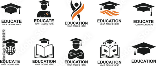 Education Logo Collection Featuring Graduation Cap Student Book Globe Abstract Learning Icons For School University Academy Branding Design