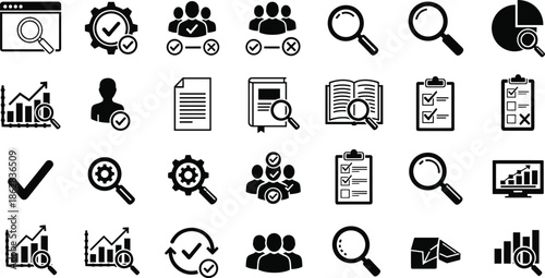 Business analytics and audit icon set, search checklist management symbols, data analysis report, teamwork approval, flat black vector design