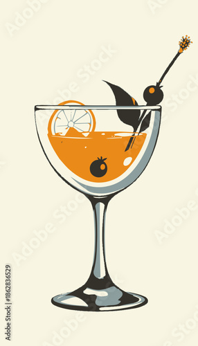 Elegant Illustration of a Refreshing Cocktail with Citrus Slices and Garnish in a Classic Glass on a Light Background