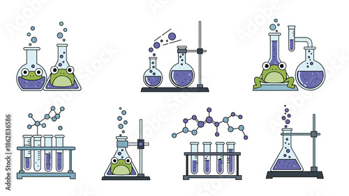 A set of cute and quirky chemistry lab equipment illustrations, featuring funny cartoon frogs in beakers and bubbling purple liquids.