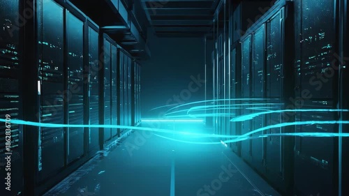 A dark blue data center with glowing lines and servers in a corridor