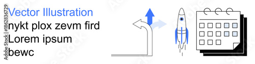 Business growth, project planning, innovation, startup development, success strategy, time management. Rocket rising with a calendar and arrow. Growth and project planning concept