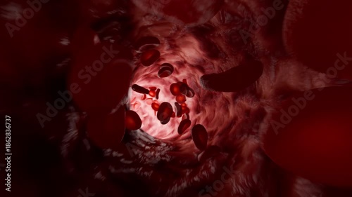 Red Blood Cells Moving Through Artery Interior Medical Visualization. 3D rendering