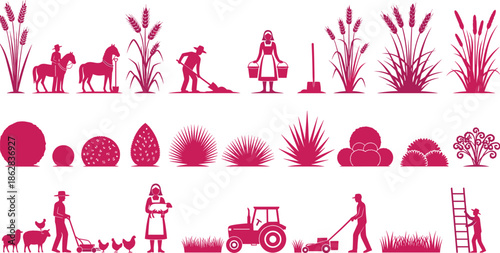 Rural Farming And Agriculture Silhouette Icons Set With Farmers Crops Livestock Tools Tractors Plants And Traditional Countryside Life