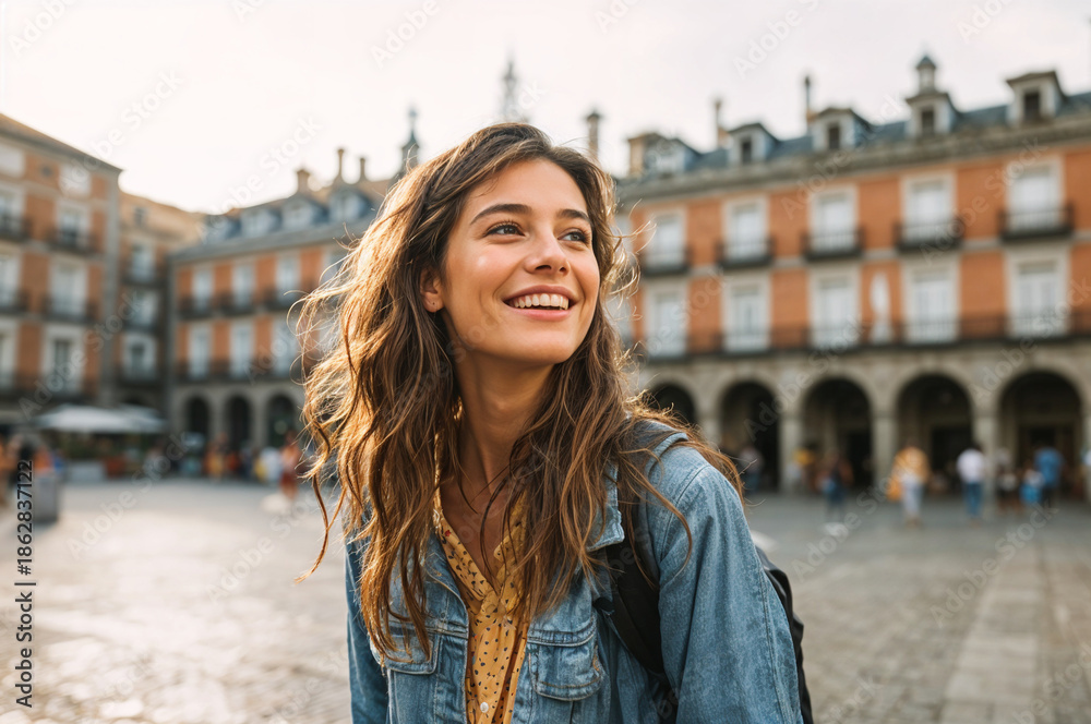 Fototapeta premium Joyful young traveler exploring a sunlit European plaza — candid portrait of a smiling woman with backpack and denim jacket, carefree and curious.