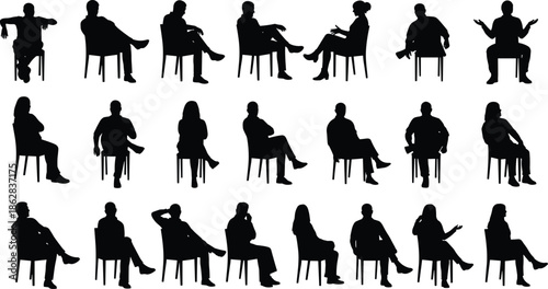 Silhouettes of seated individuals in varied poses, ideal for body language, communication, and posture-themed design projects.