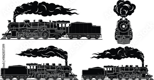 Vintage Steam Locomotive Silhouette Vector Set Showing Classic Railway Train From Multiple Angles Isolated On White Background