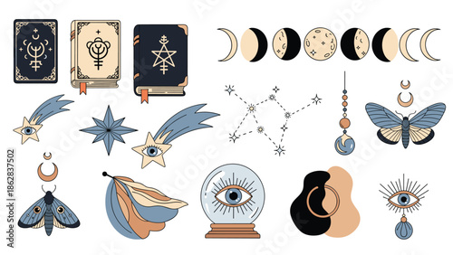 A mystical collection of esoteric and magical symbols, including tarot cards, moon phases, a crystal ball, and celestial moths.