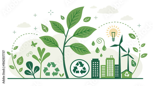 Eco-friendly cityscape with green technology and sustainable living