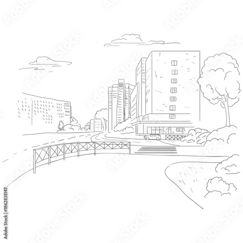 City streets and paved roads, silhouettes of multi-story buildings and pedestrian crossings, sketch. Vector illustration. . Cityscape, sidewalk, and lawn with bushes isolated on white background.