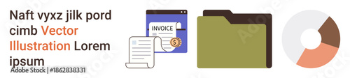Business management, finance tracking, data analytics, accounting operations, report organization, digital filing systems. Folder, invoice report and pie chart icons. Finance tracking and data