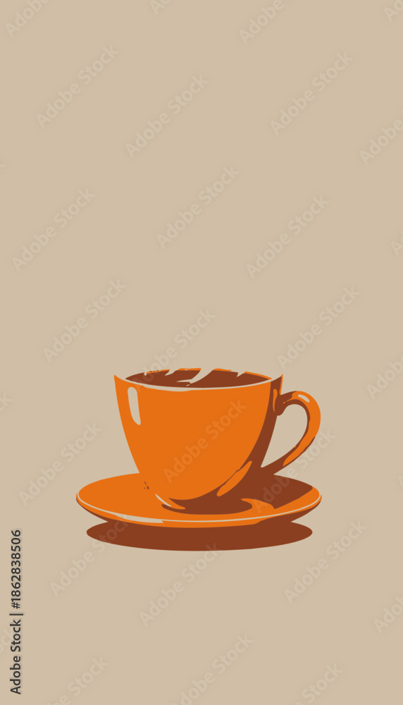 Obraz premium Illustration of a steaming orange coffee cup on a matching saucer against a neutral background highlighting the warmth and inviting aroma of freshly brewed coffee