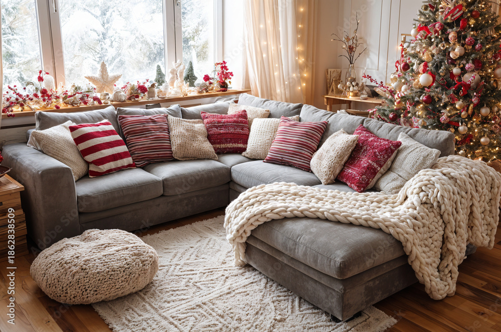 Obraz premium Cozy Christmas Living Room with Plush Gray Sectional, Chunky Knit Blanket, Festive Red Pillows and Decorated Tree — Warm Holiday Home Interior