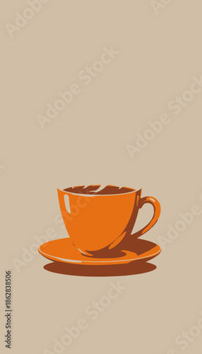 Illustration of a steaming orange coffee cup on a matching saucer against a neutral background highlighting the warmth and inviting aroma of freshly brewed coffee