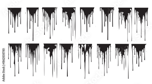 Set of black dripping paint isolated on a white background. Concept of grunge design, abstract splashes, ink drips, creative art elements. Print, pattern, visual effect
