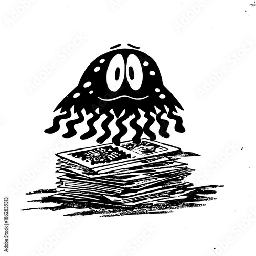 Cute cartoon character reading a book while floating on water