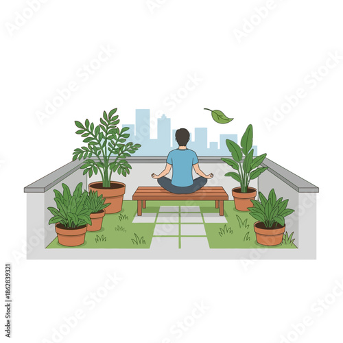 Man meditating on rooftop garden, urban oasis, cityscape background, yoga, mindfulness