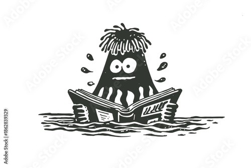 Cute cartoon character reading a book while floating on water