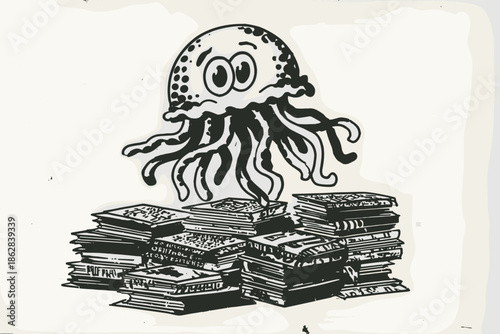 Cute cartoon character reading a book while floating on water