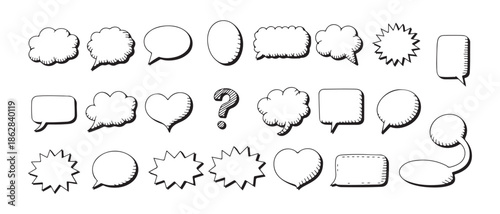 Comic speech bubble set hand drawn doodle cloud shapes for manga and chat messages cartoon elements