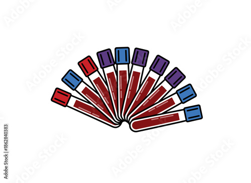Fan arrangement of blood test tubes with colorful caps isolated on white background concept of clinical laboratory work