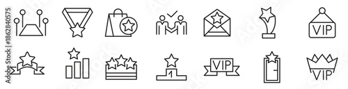 VIP line icon set. Prize, reward, incentive, coupon, reward, card, profit, star, gift, List, Red Carpet, VIP, card sketch, service, membership, quality line icon set. 