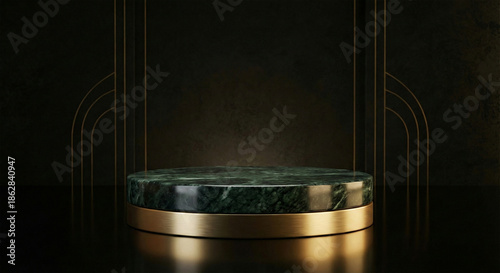 Luxurious green marble and gold pedestal for product display
