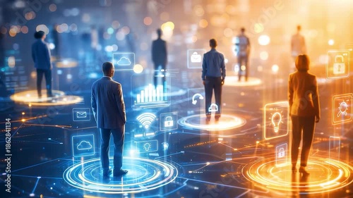 Diverse business people standing on glowing blue digital network circles in modern city environment