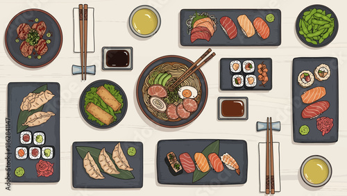 Japanese Food Flat Lay Illustration with Ramen, Sushi, Gyoza, and Sashimi on Wooden Background