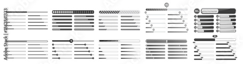 Set of vector loading icons, loading bar progress and status, download and upload indicators, simple web interface elements, vector illustration on transparent background