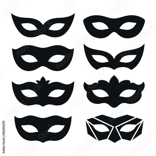 Set of Black Carnival and Masquerade Mask Silhouettes for Party, Mardi Gras, and Theater Decoration 