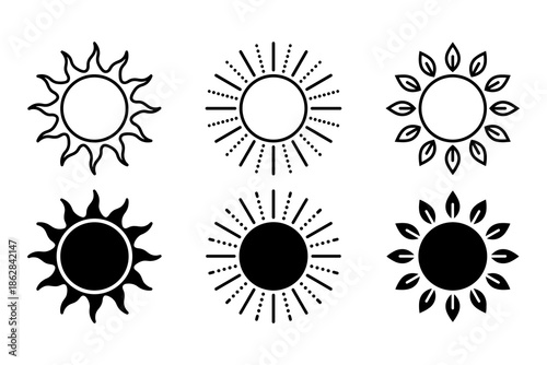 Minimalist Sun Icon Set: Collection of Solar Symbols in Black Line Art and Silhouette 