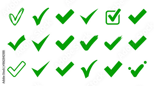 Set of Green Check Marks and Tick Icons in Various Styles for Business Success, Approval, and Completion