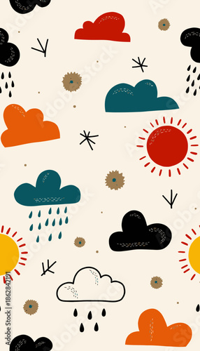 Colorful Weather Pattern with Clouds, Sun, Raindrops, and Abstract Elements on a Beige Background Illustrating Varied Climatic Symbols