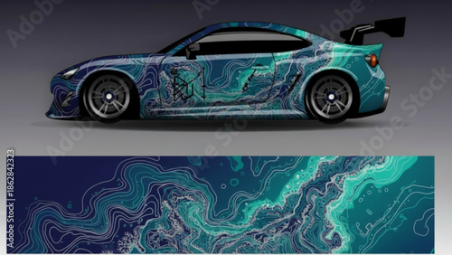 Custom wrapped sports car with abstract fluid art design in blue and teal colors, showcasing the full graphic pattern.